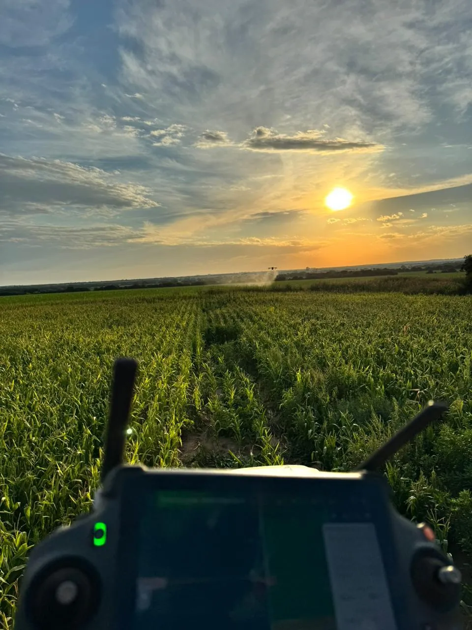 Operador controlando drone al atardecer