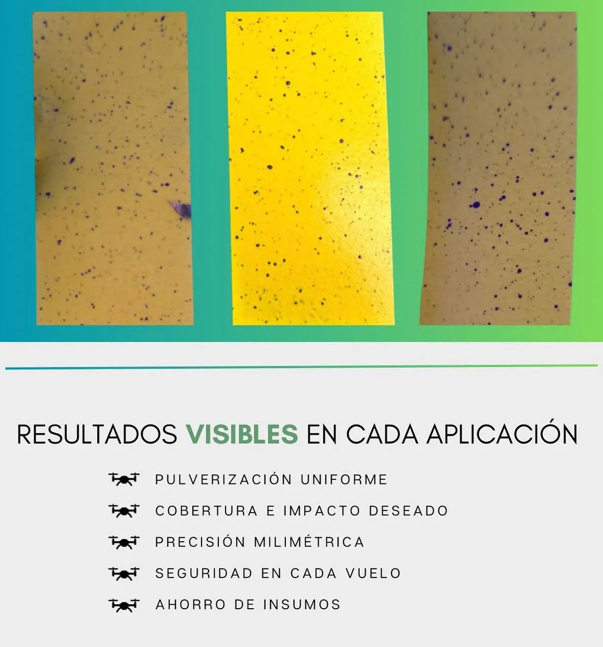 Tarjetas de resultados — pulverización uniforme, cobertura, precisión, seguridad, ahorro de insumos